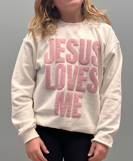 Jesus Loves Me YOUTH Sweatshirt Pink on White