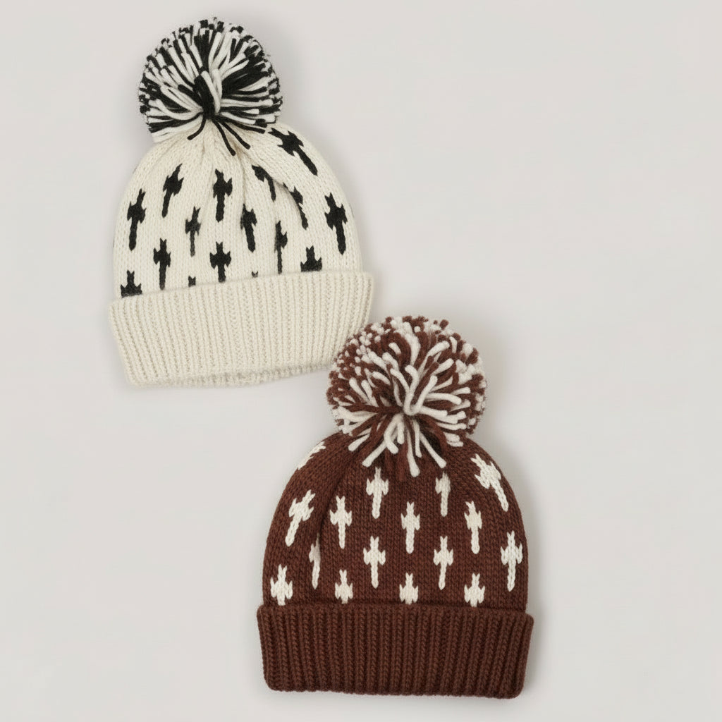 Cross Pattern Knit Beanie with Yarn Pom