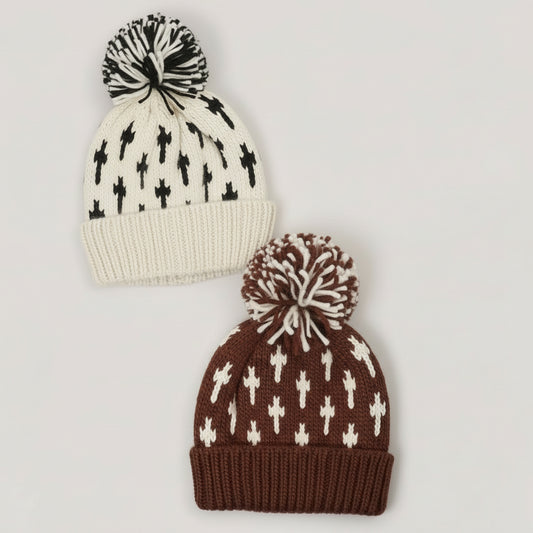Cross Pattern Knit Beanie with Yarn Pom