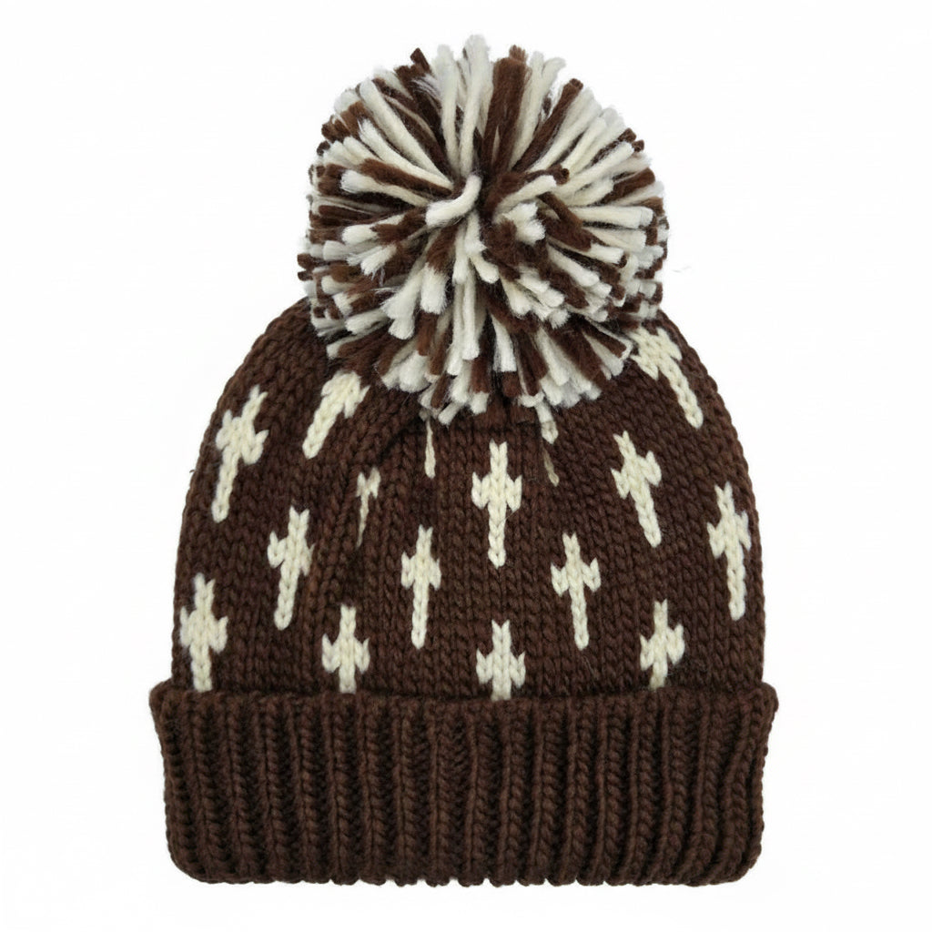 Cross Pattern Knit Beanie with Yarn Pom