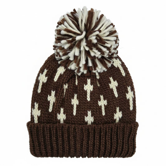 Cross Pattern Knit Beanie with Yarn Pom