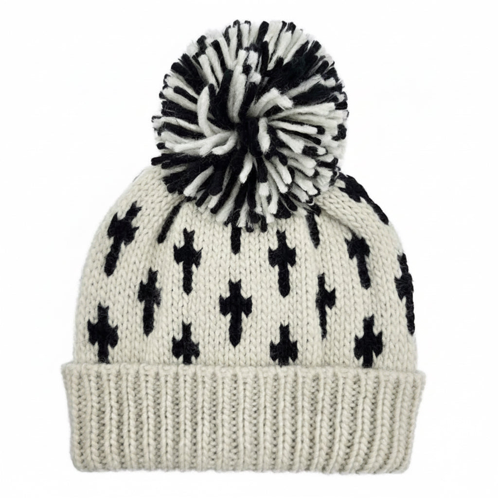 Cross Pattern Knit Beanie with Yarn Pom
